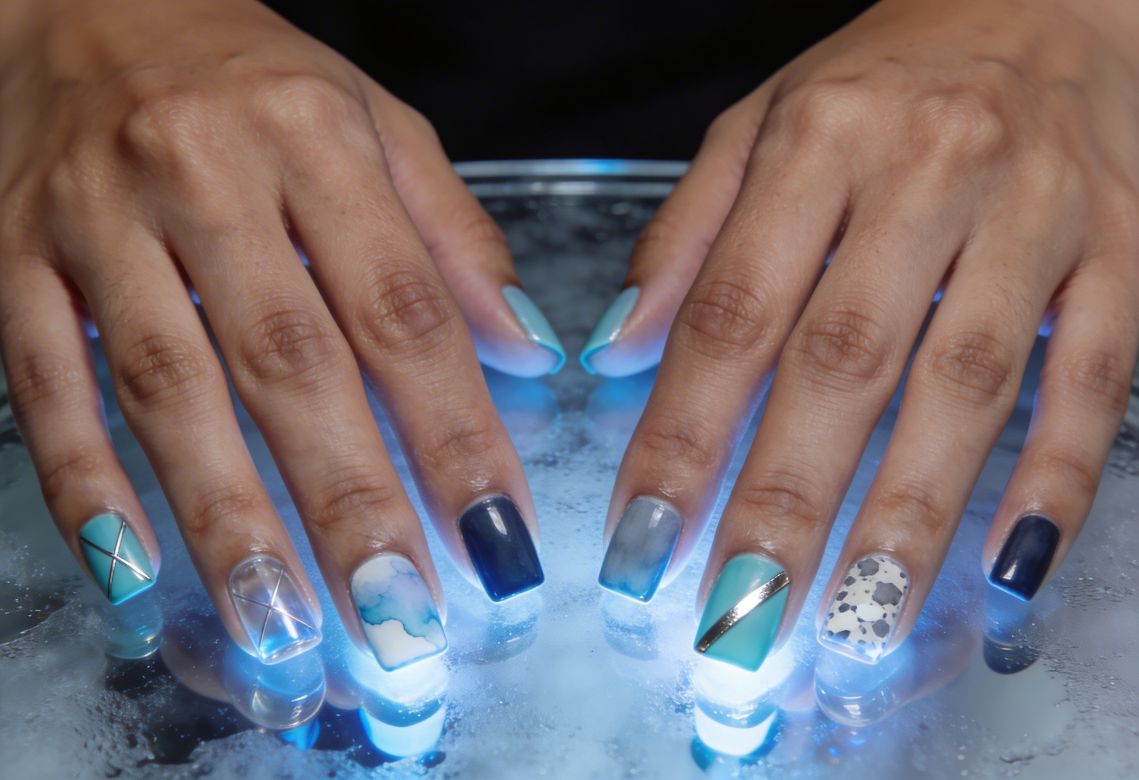 Her tırnakta farklı geometrik soyut desen buz mavisi ve arduvaz renk ailesi buzlu cam yüzeyde