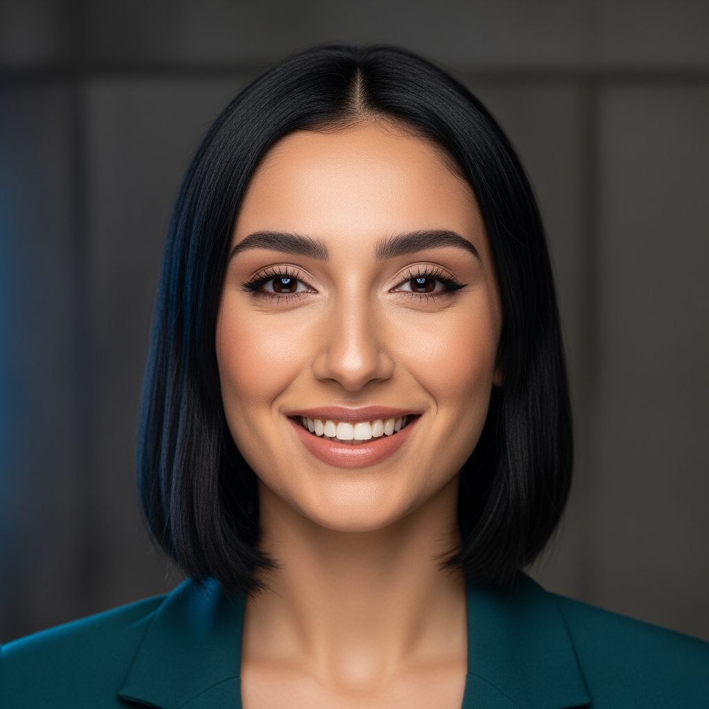 Koyu teal ceketli düz bob saçlı enerjik genç kadın beton arka planda canlı gülümseme