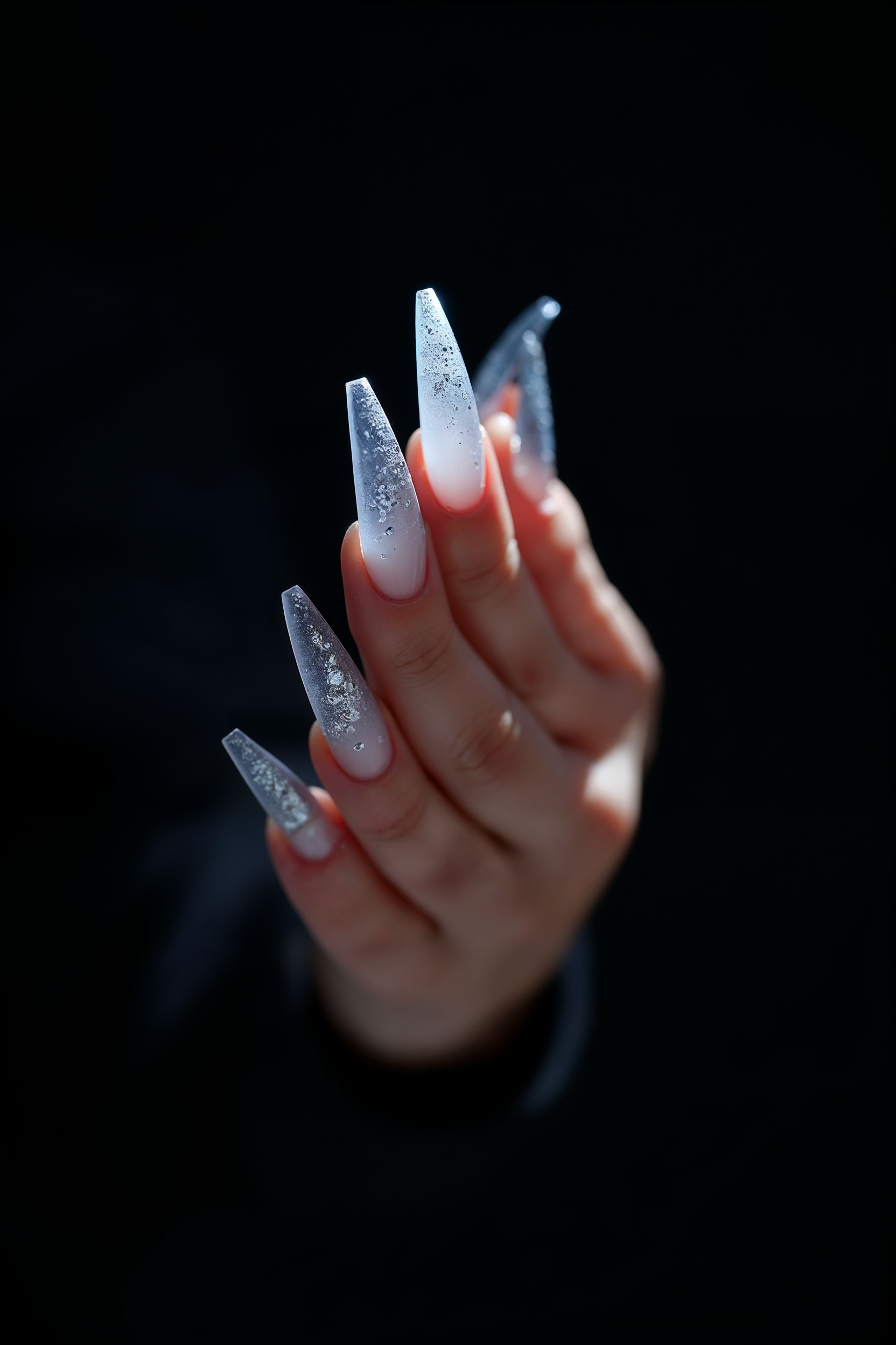 Siyah arka planda gümüş folyo katkılı buz etkili stiletto tırnak