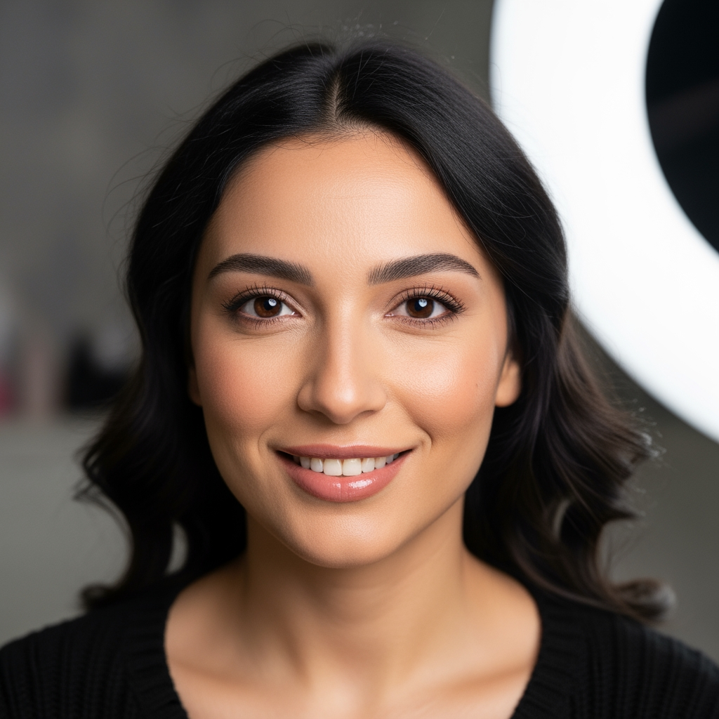 Doğal dalgalı saçlı genç Türk kadın müşteri stüdyo arka planında samimi gülümseme