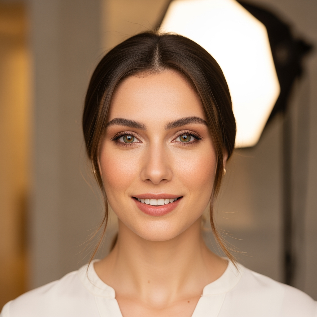 Açık renk bluzlu kestane saçlı genç kadın sıcak iç mekanda sakin gülümseme