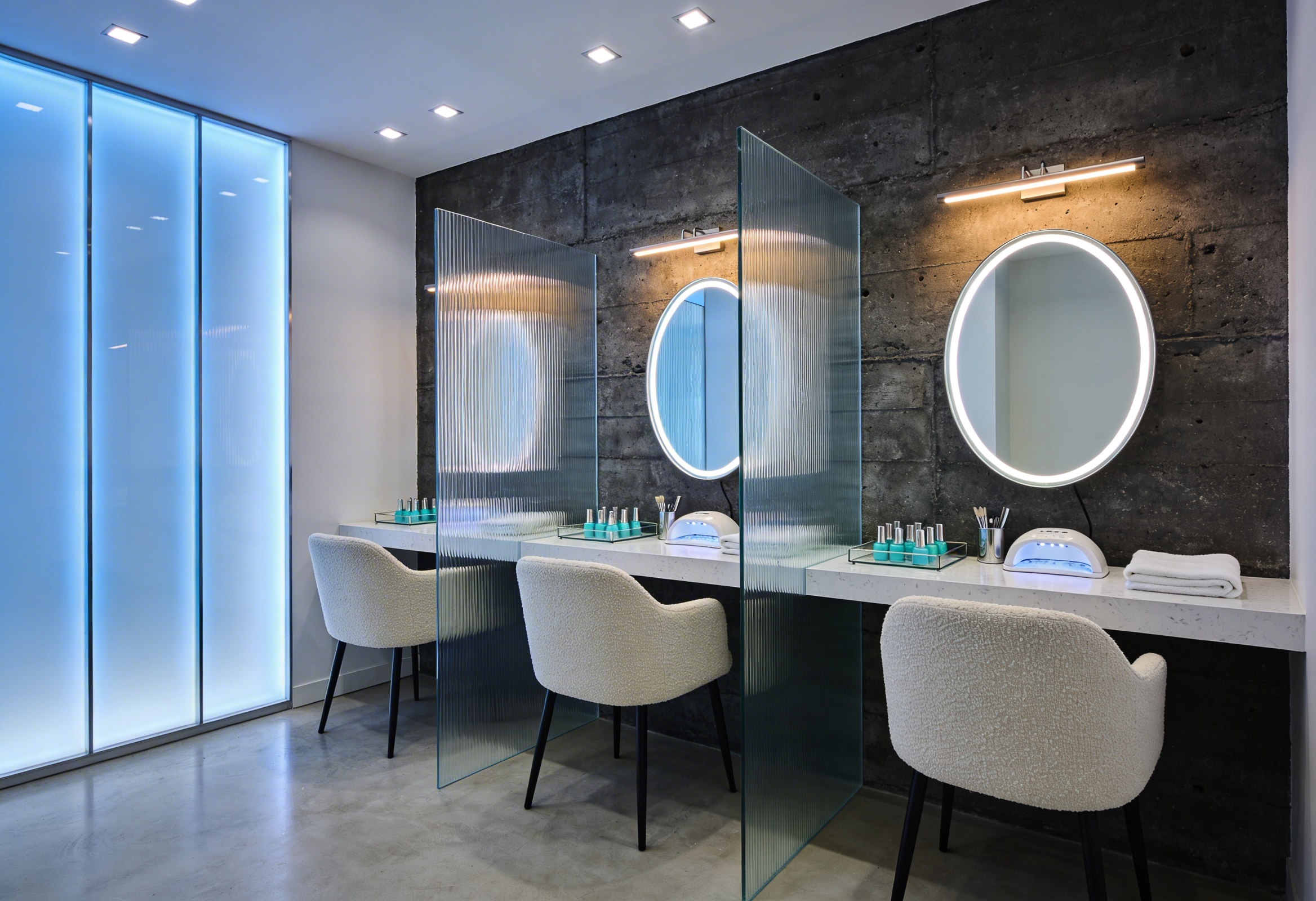 Ham beton duvarlı modern nail stüdyo iç mekanı boş styling istasyonlarıyla