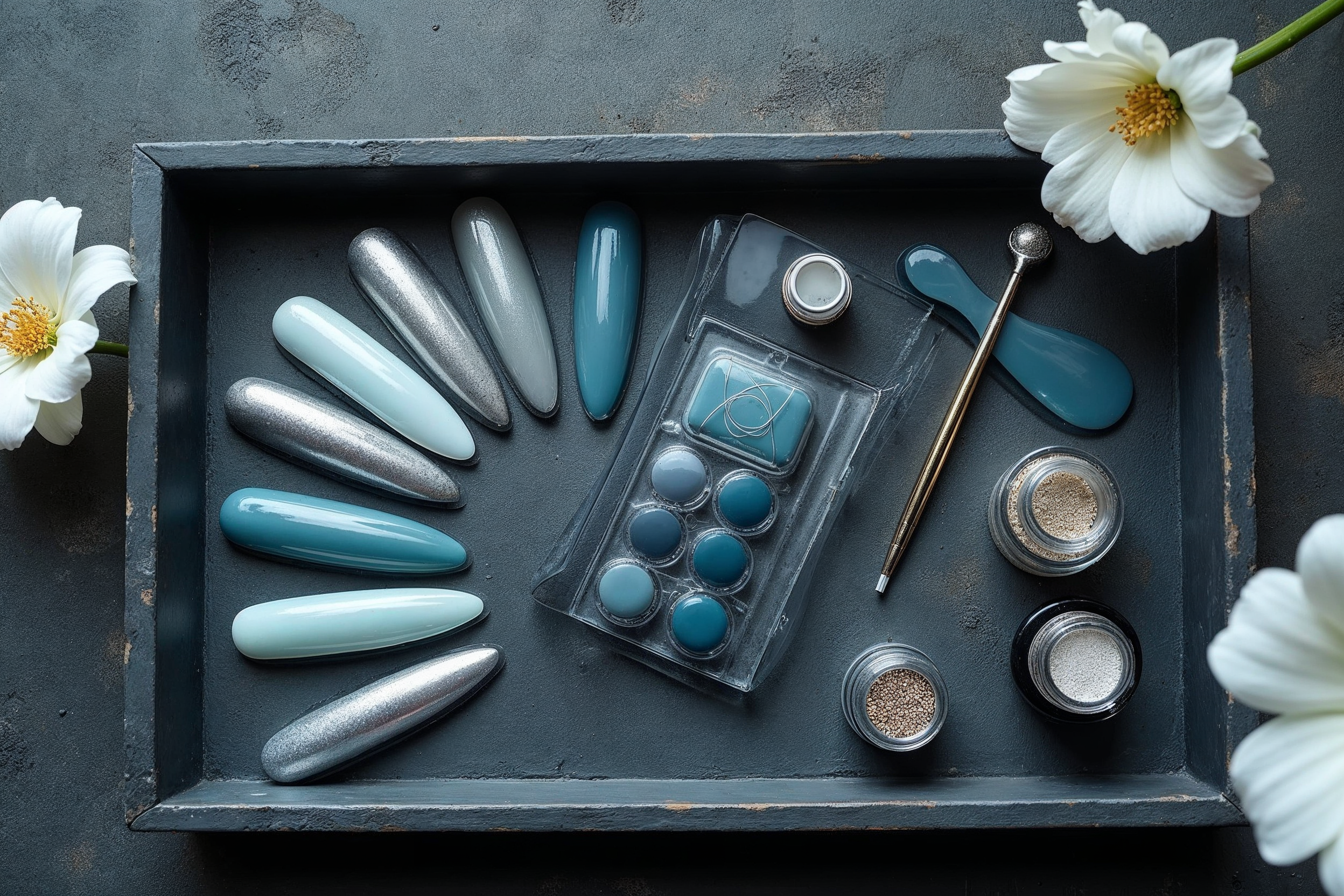 2025 nail art trend paleti beş kaplama örneği ve jel renk potları beton zeminde flatlay
